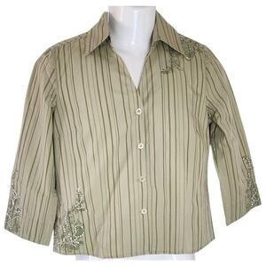 Christopher & Banks Green striped embroidered Buttoned Up  Blouse W Size Small